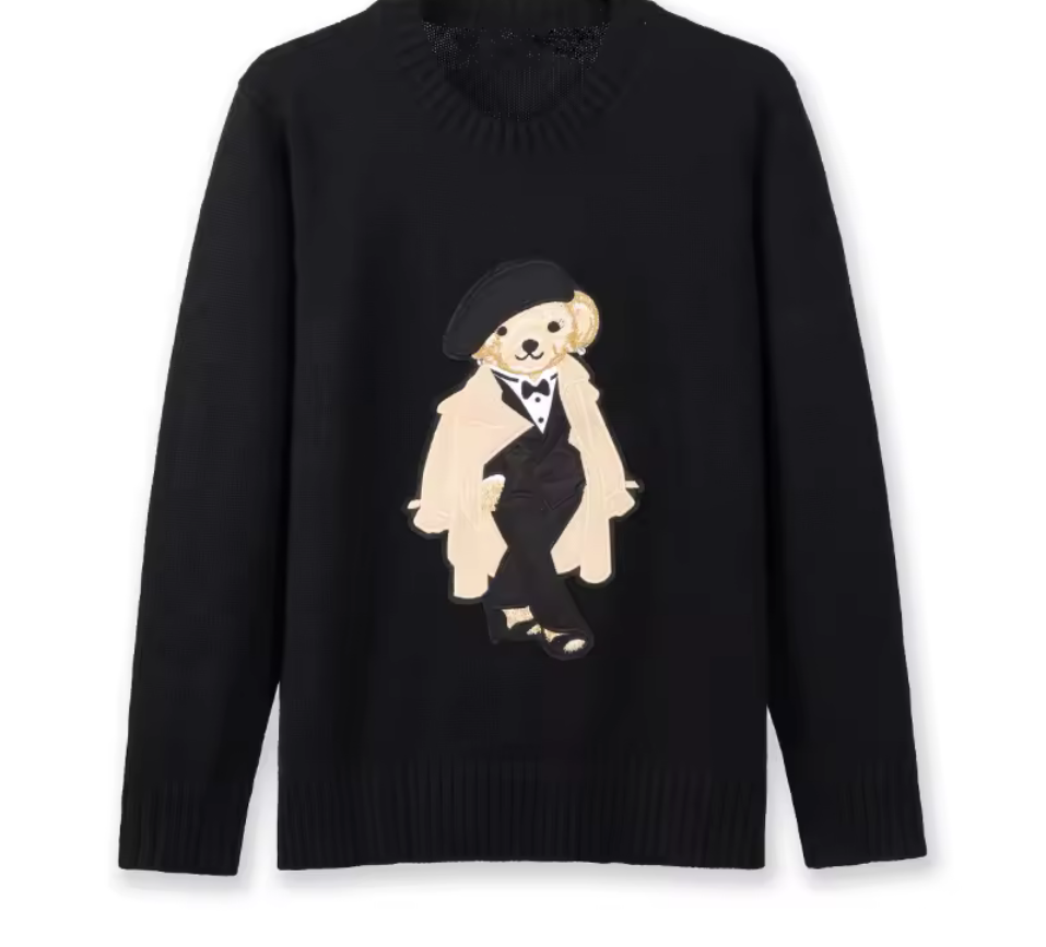 Luxury Bear Motif Knit
Sweater for Women - Black
Long-Sleeve Pullover, Autumn Winter Statement Knitwear, Relaxed Fit