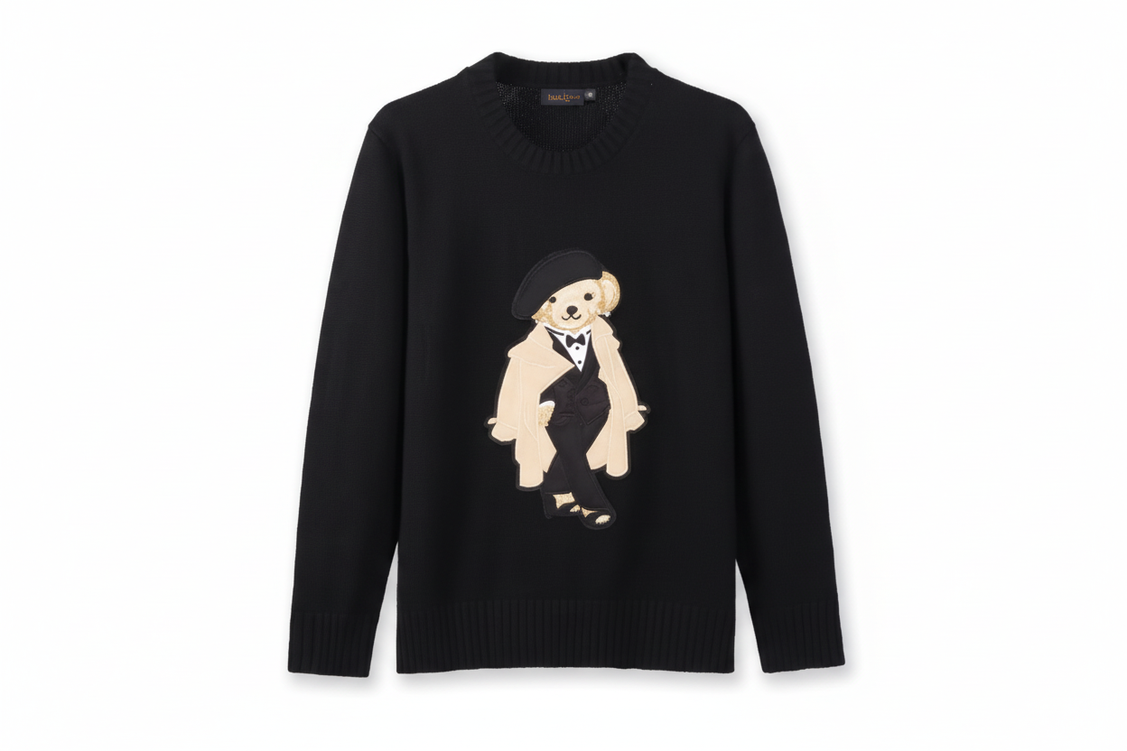 Luxury Bear Motif Knit
Sweater for Women - Black
Long-Sleeve Pullover, Autumn Winter Statement Knitwear, Relaxed Fit