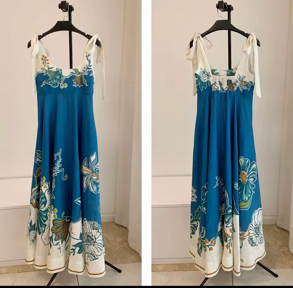 Woman’s Parisian Floral Print Bow Shoulder Maxi Dress – Sleeveless Linen Blend Summer Sundress