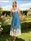 Woman’s Parisian Floral Print Bow Shoulder Maxi Dress – Sleeveless Linen Blend Summer Sundress