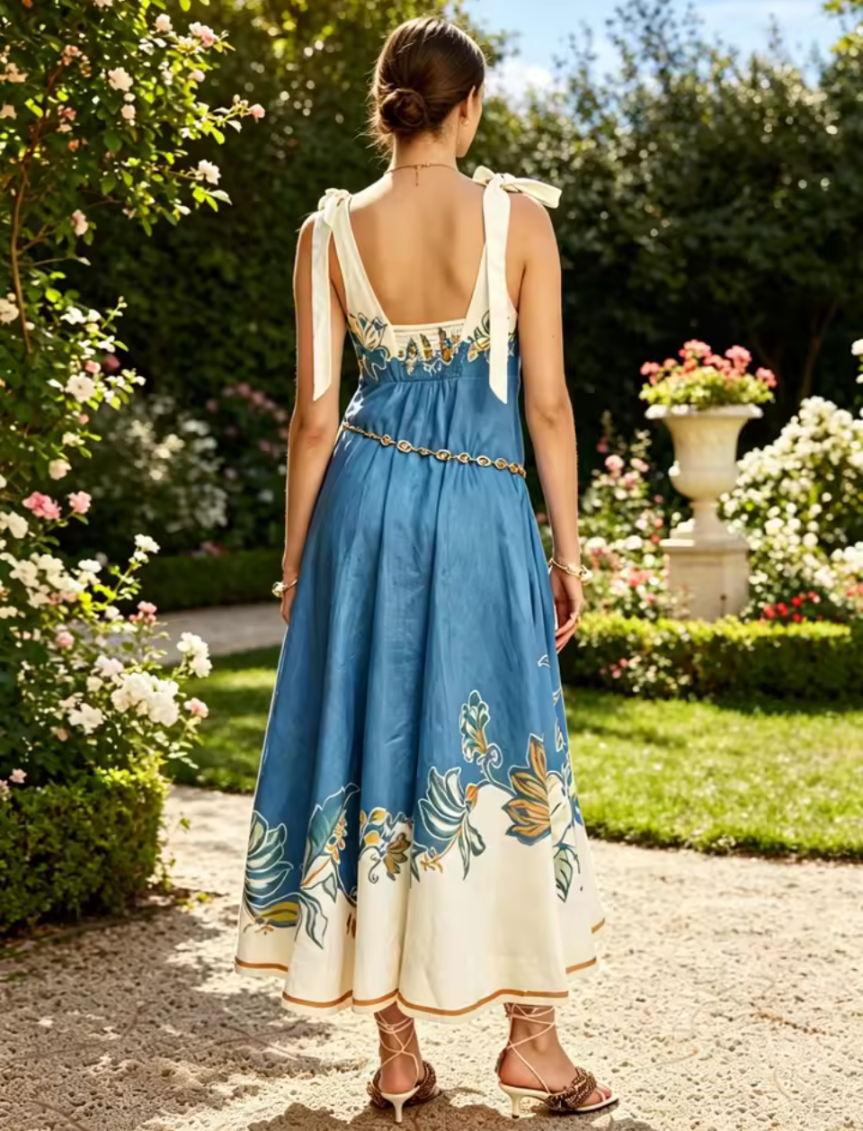 Woman’s Parisian Floral Print Bow Shoulder Maxi Dress – Sleeveless Linen Blend Summer Sundress
