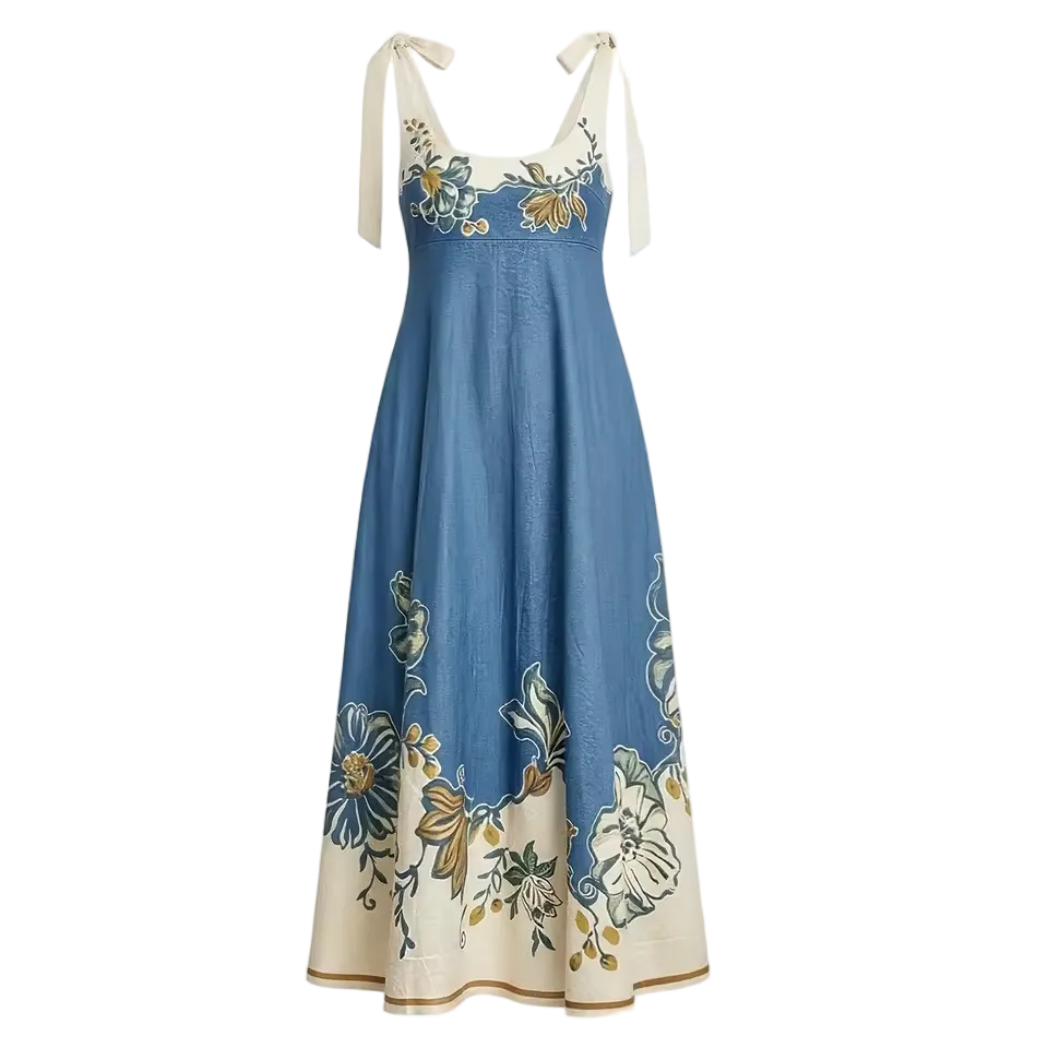 Woman’s Parisian Floral Print Bow Shoulder Maxi Dress – Sleeveless Linen Blend Summer Sundress
