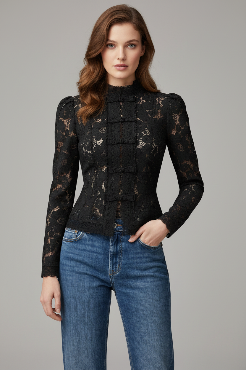 Lace-Detail Button-Front Blouse
