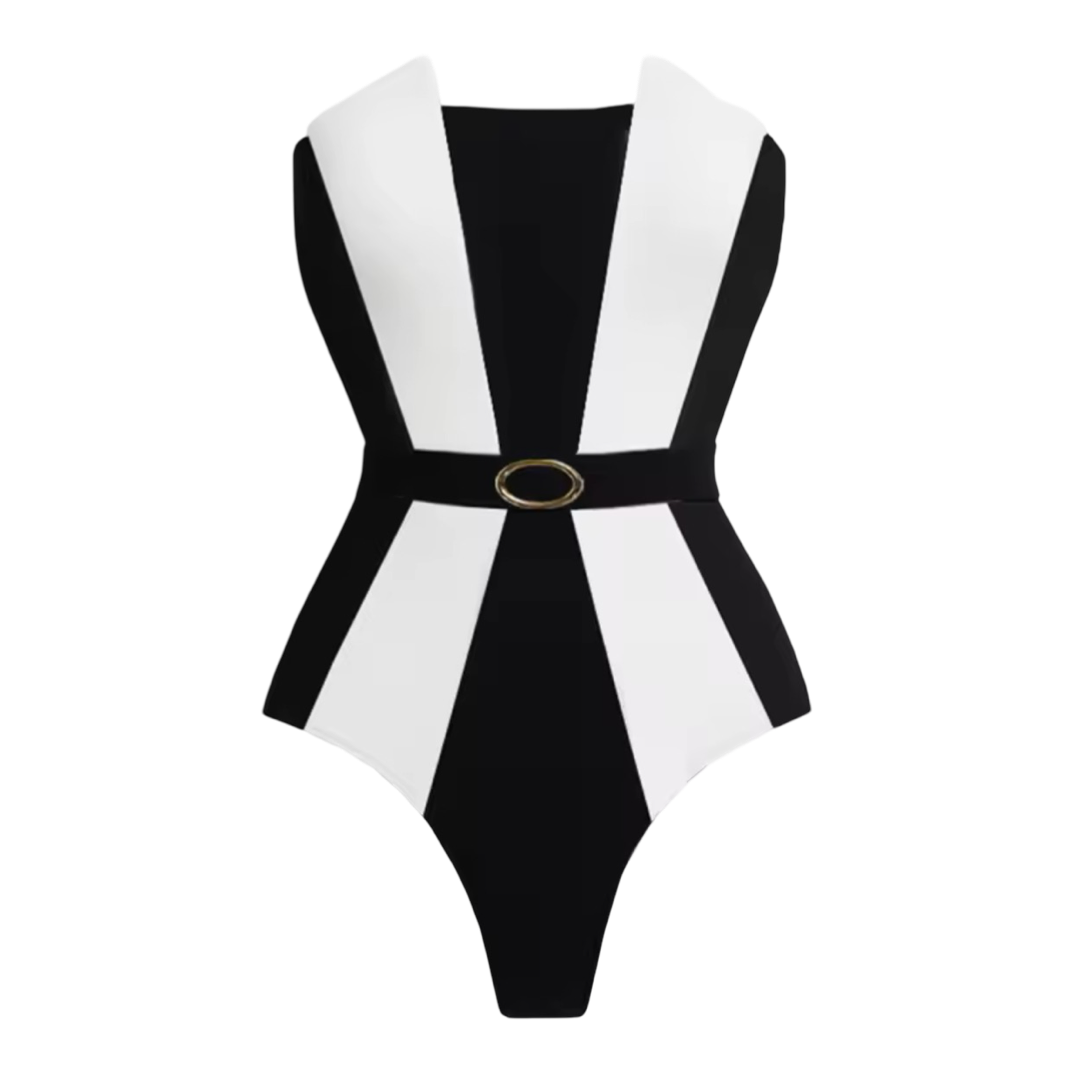 Black & White Belted One-Piece Swimsuit + Optional Sarong Set | Sculpting Patchwork Swimwear