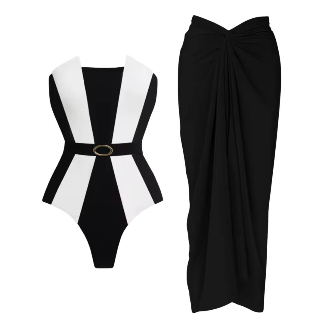Black & White Belted One-Piece Swimsuit + Optional Sarong Set | Sculpting Patchwork Swimwear