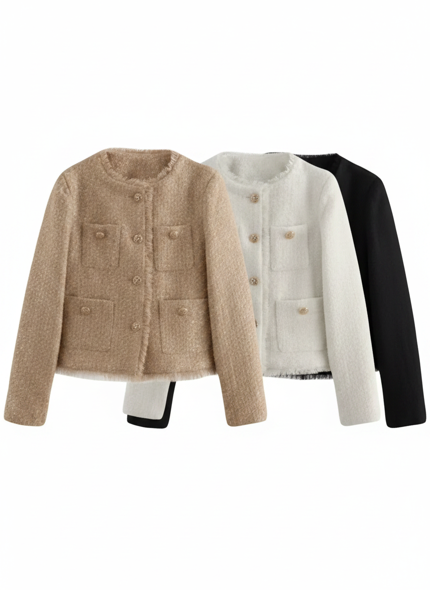 Women’s Cropped Tweed Jacket – Button Front Knit Bouclé Style Short Blazer