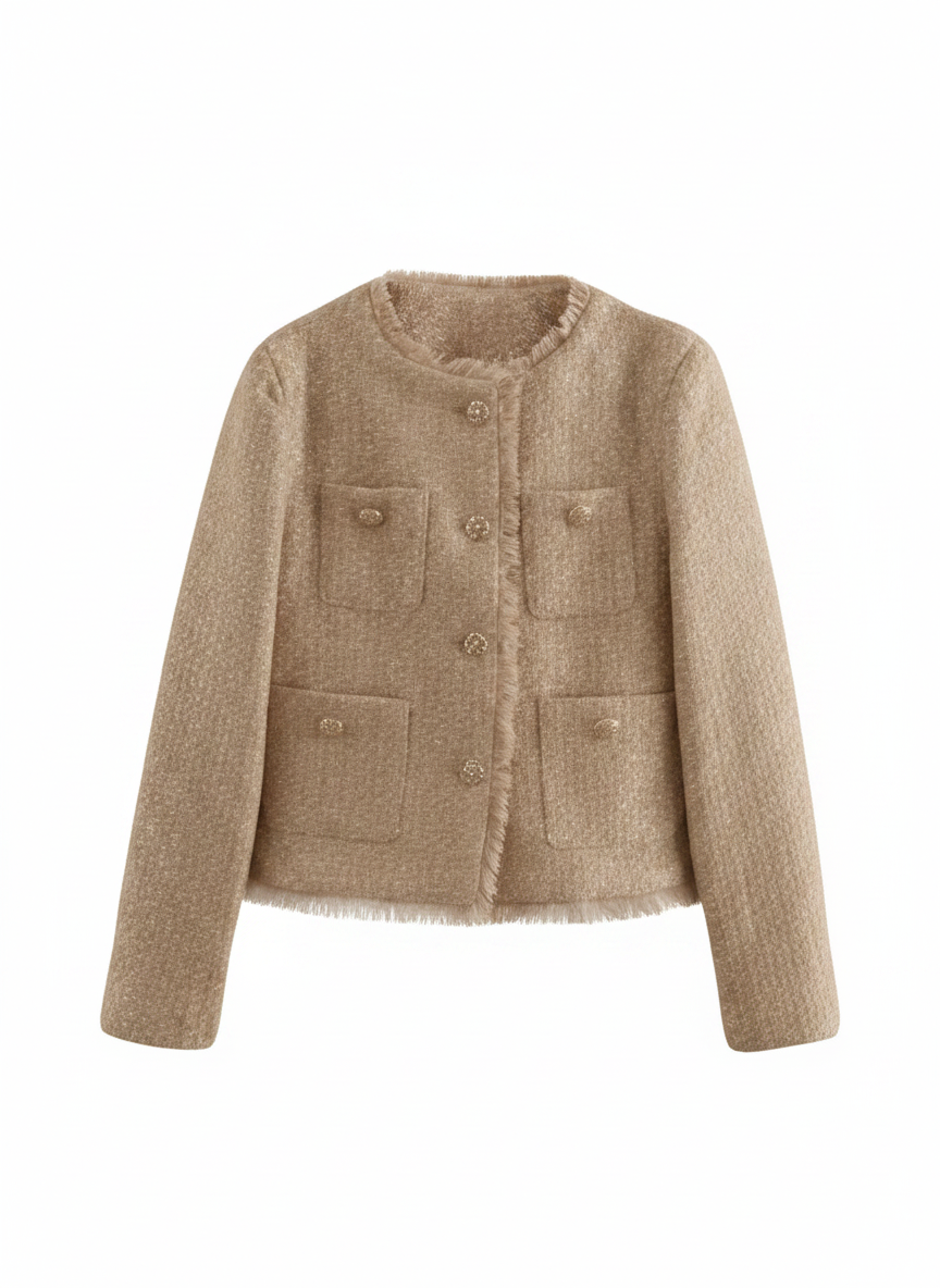 Women’s Cropped Tweed Jacket – Button Front Knit Bouclé Style Short Blazer