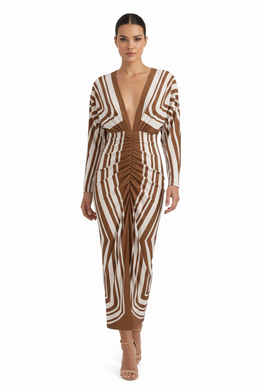 Women’s Brown Stripe Ruched Maxi Dress – Deep V Neck Long Sleeve Bodycon