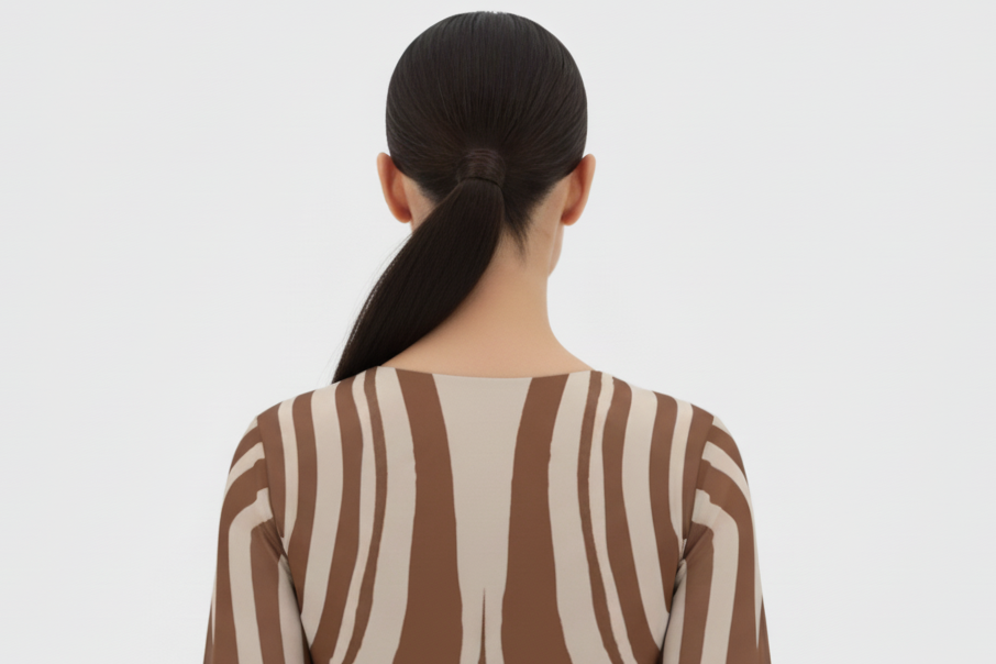 Women’s Brown Stripe Ruched Maxi Dress – Deep V Neck Long Sleeve Bodycon