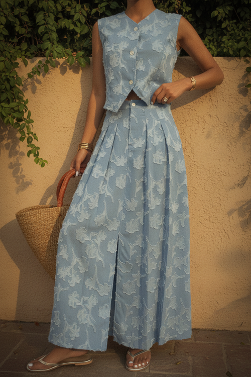Blue Jacquard Two-Piece Vest & Midi Skirt Set – Sleeveless Summer Matching Outfit