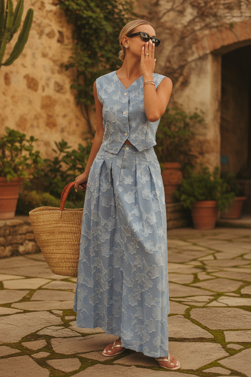 Blue Jacquard Two-Piece Vest & Midi Skirt Set – Sleeveless Summer Matching Outfit