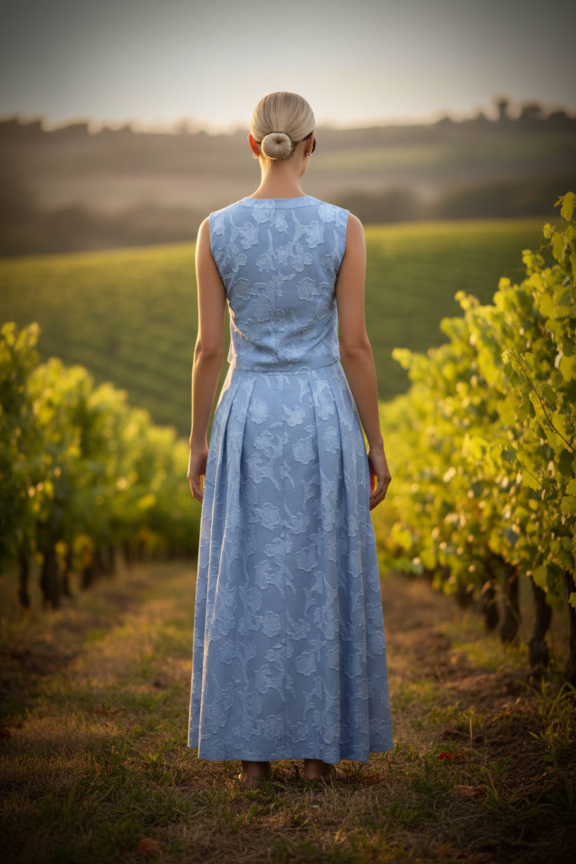 Blue Jacquard Two-Piece Vest & Midi Skirt Set – Sleeveless Summer Matching Outfit