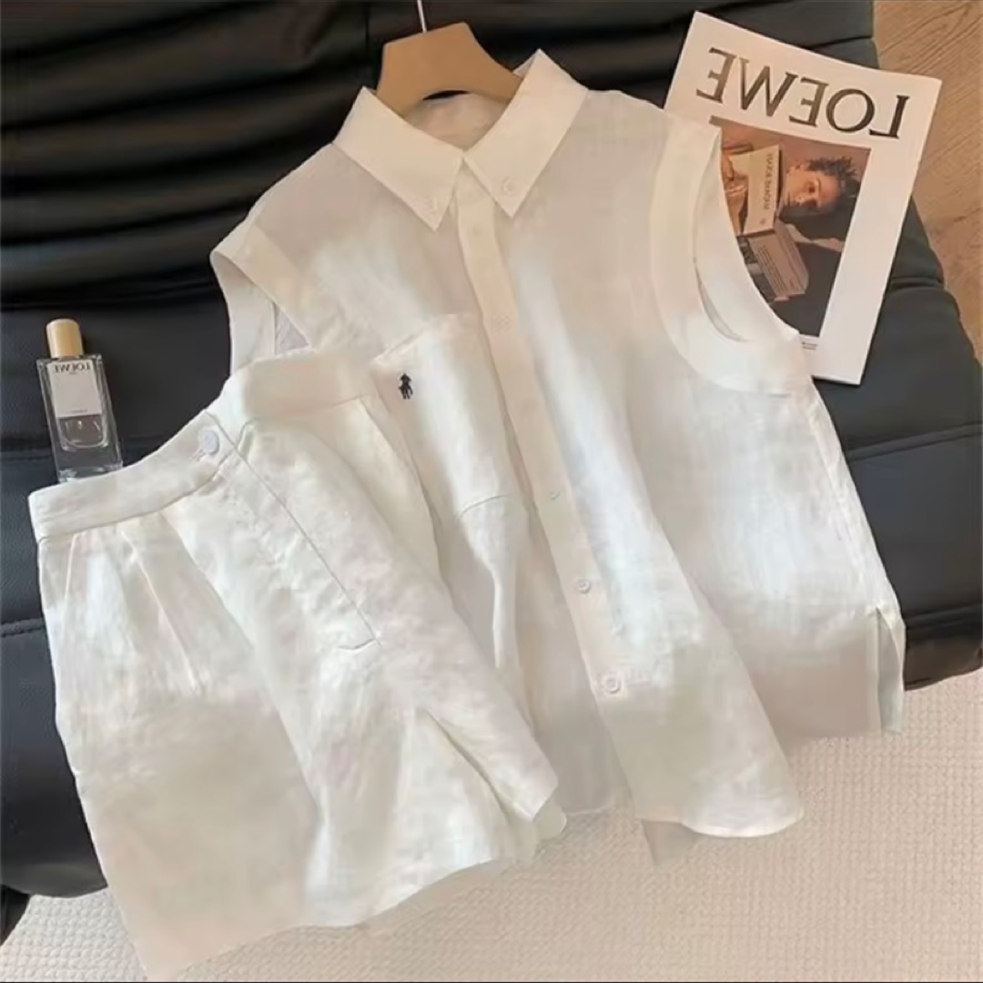 White Cotton Linen Sleeveless Shirt & Wide-Leg Shorts Two-Piece Set