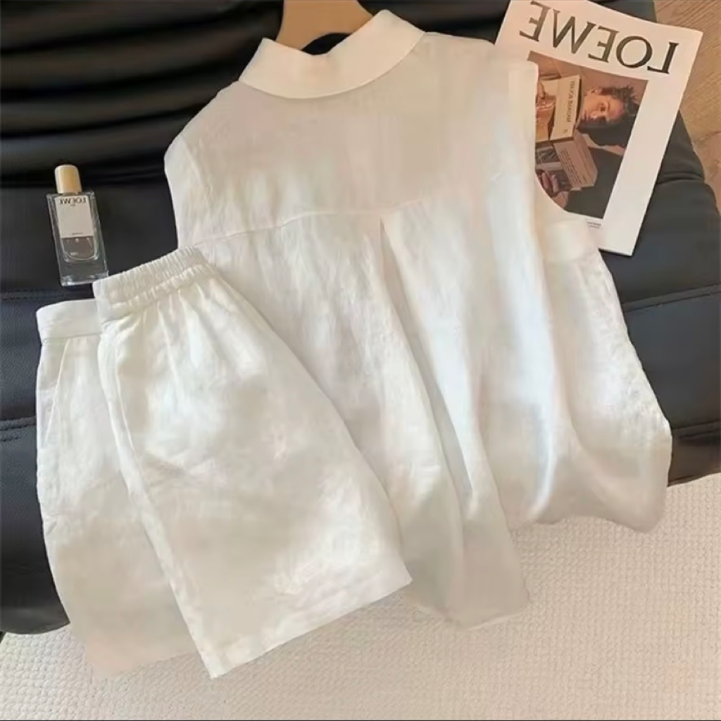 White Cotton Linen Sleeveless Shirt & Wide-Leg Shorts Two-Piece Set