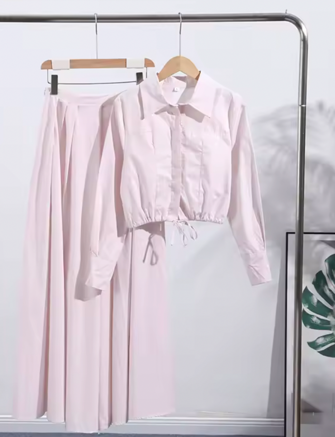 Blush Pink Two Piece Maxi Skirt Set for Women | Cropped Shirt & Pleated A-Line Skirt | Summer Co-Ord Set