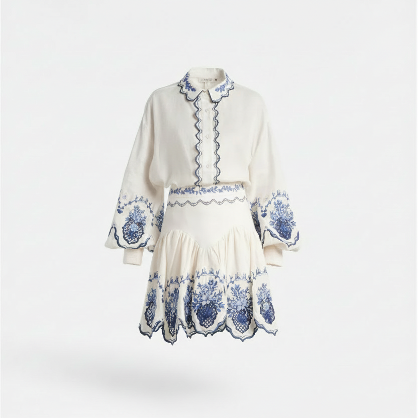 Floral Embroidered Two-Piece Shirt and Skirt Set