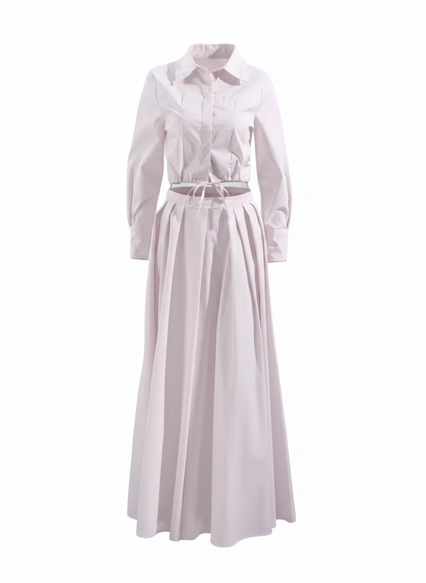Blush Pink Two Piece Maxi Skirt Set for Women | Cropped Shirt & Pleated A-Line Skirt | Summer Co-Ord Set