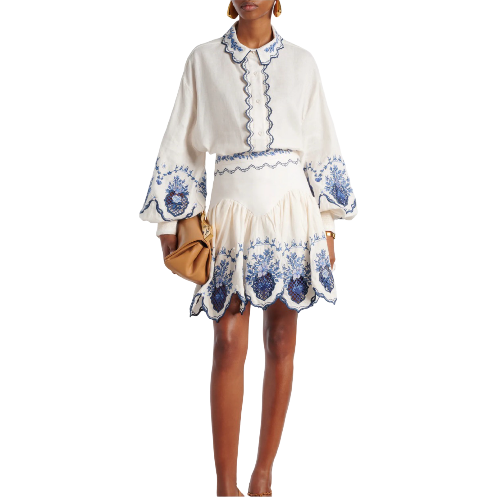 Floral Embroidered Two-Piece Shirt and Skirt Set