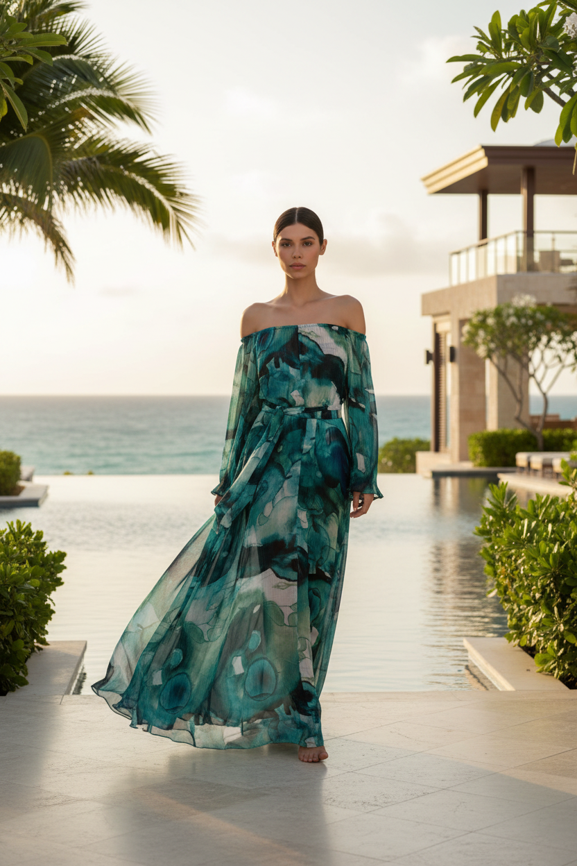 Off-Shoulder Pleated Maxi Dress