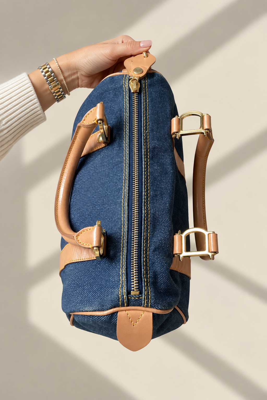 Dior Vintage Blue Denim Mini Boston Handtasche mit Lederbesatz, gebraucht, authentisch