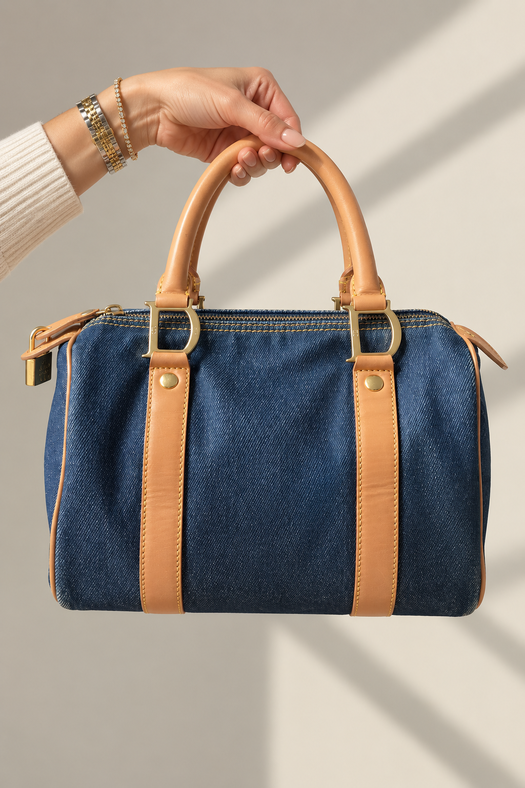 Dior Vintage Blue Denim Mini Boston Handtasche mit Lederbesatz, gebraucht, authentisch