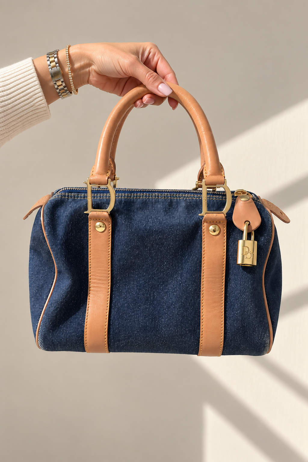 Dior Vintage Blue Denim Mini Boston HandBag with Leather Trim previously Owned Authentic