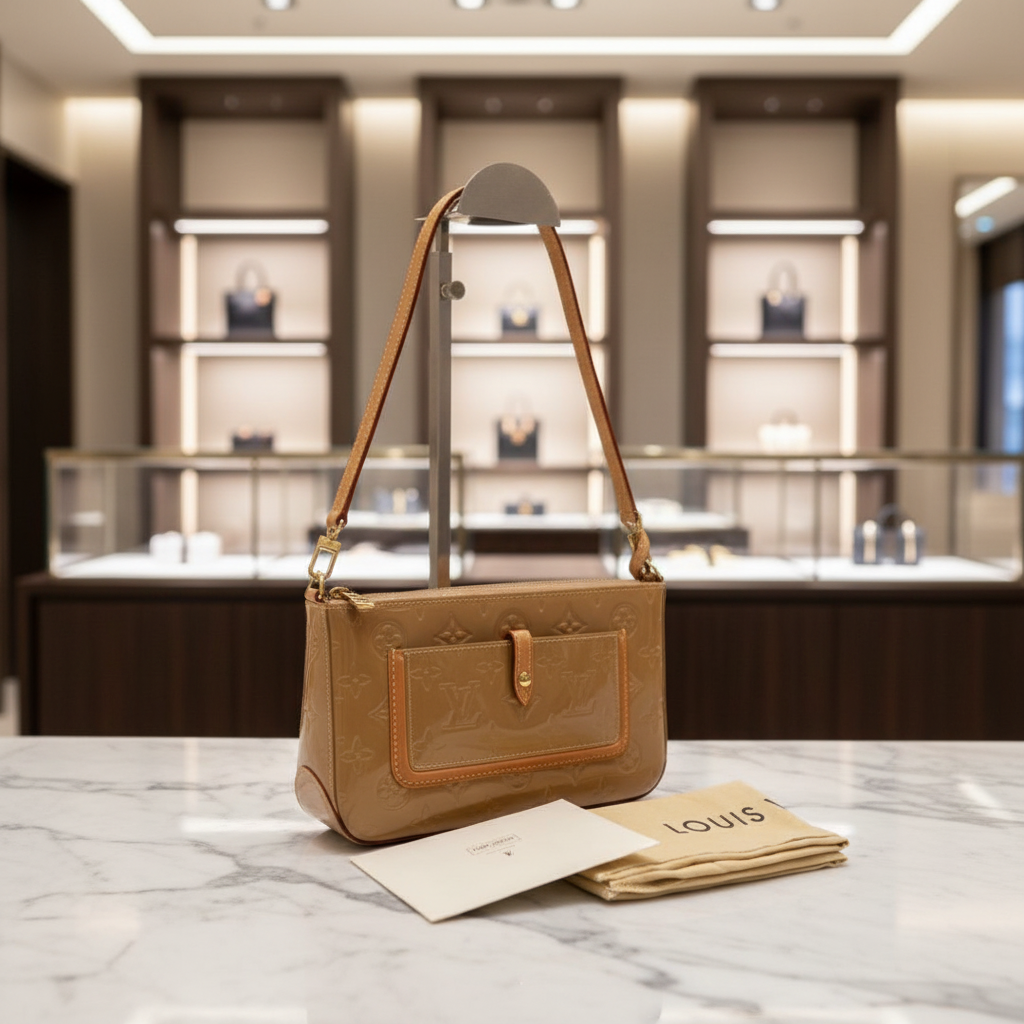 LOUIS VUITTON Vernis Mallory Square Beige Patent Leather Shoulder Bag previously owned Authentic