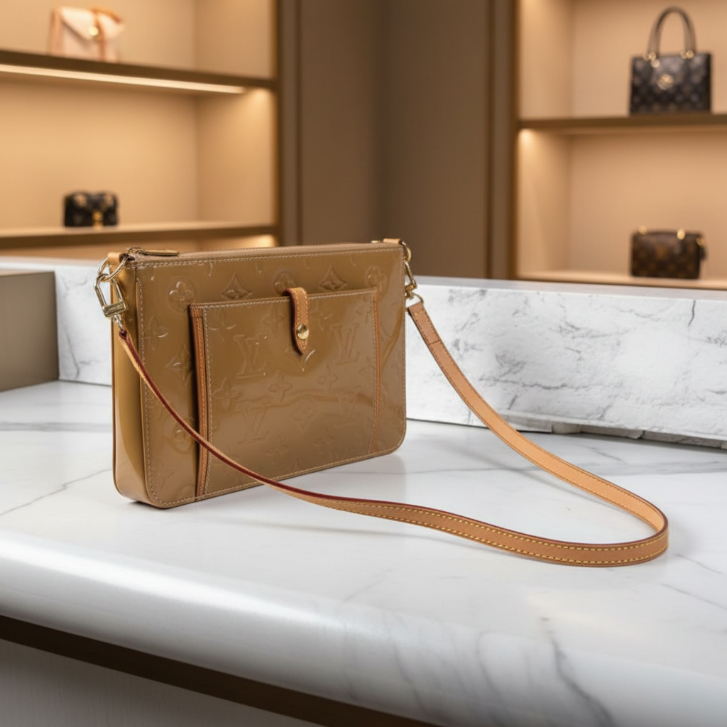LOUIS VUITTON Vernis Mallory Square Beige Patent Leather Shoulder Bag previously owned Authentic