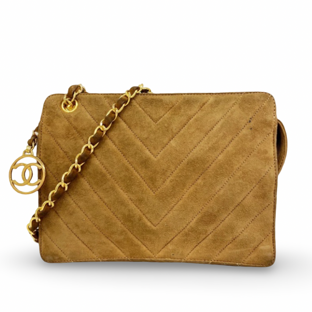 CHANEL – Vintage V-Stitch Suede Chain Shoulder Bag – Brown &amp; Gold – Previously Owned