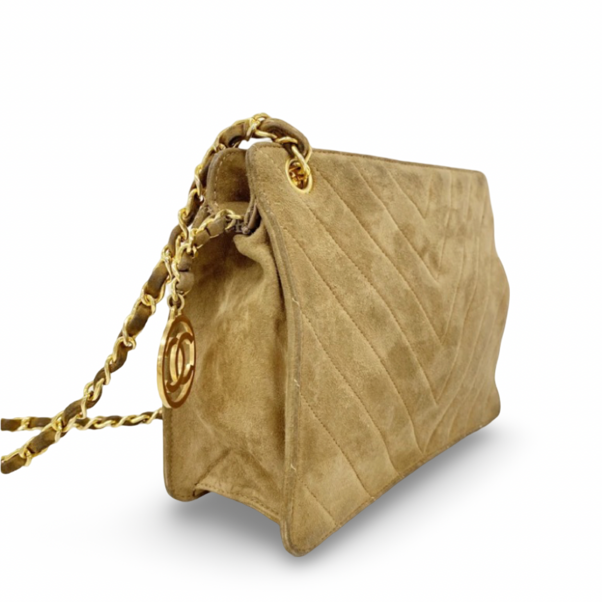 CHANEL – Vintage V-Stitch Suede Chain Shoulder Bag – Brown &amp; Gold – Previously Owned