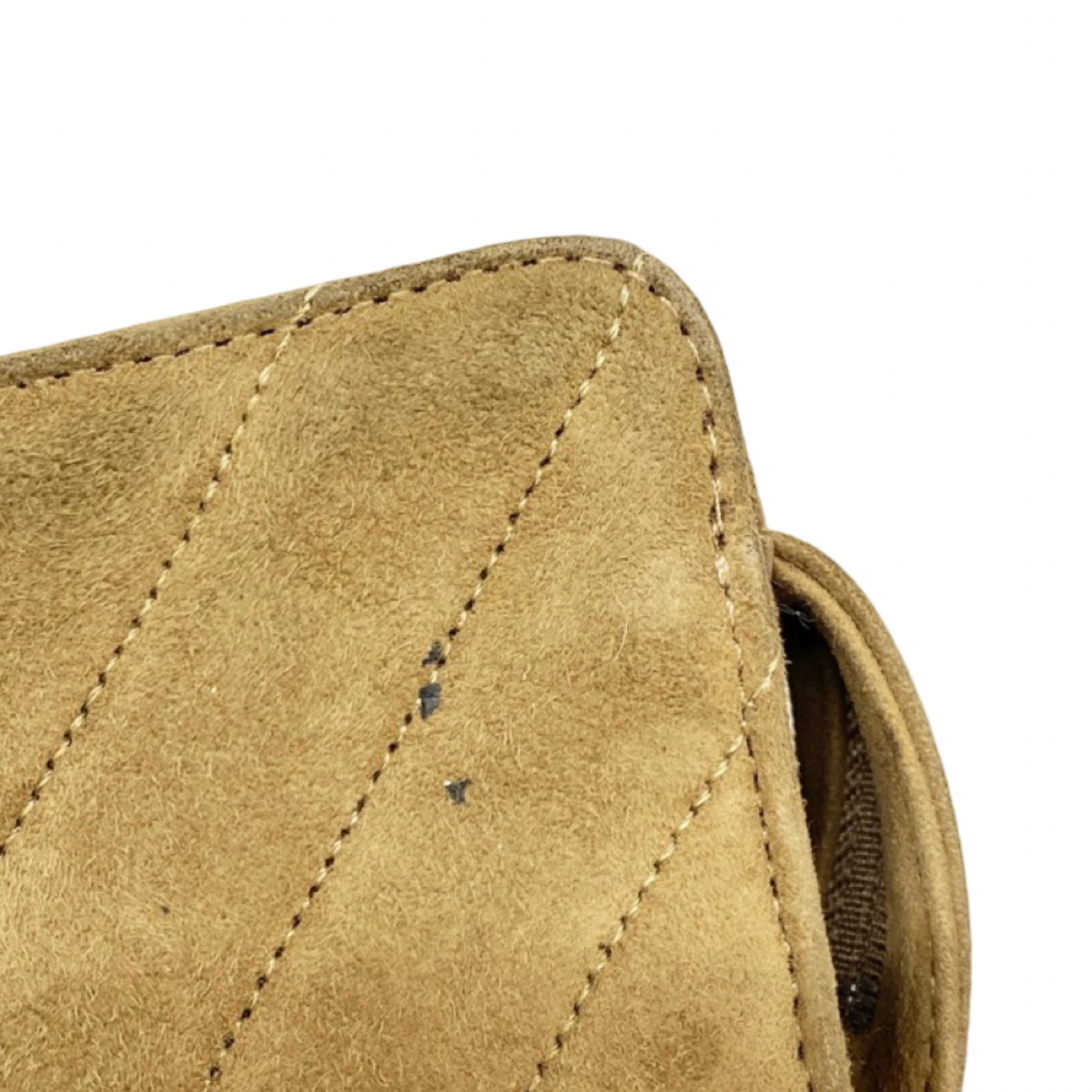 CHANEL – Vintage V-Stitch Suede Chain Shoulder Bag – Brown &amp; Gold – Previously Owned
