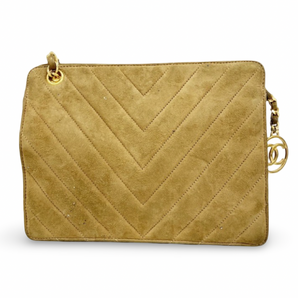 CHANEL – Vintage V-Stitch Suede Chain Shoulder Bag – Brown &amp; Gold – Previously Owned