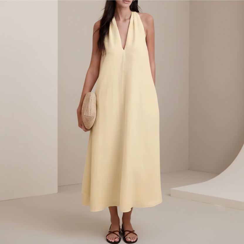 Butter Yellow Sleeveless V-Neck Midi Dress