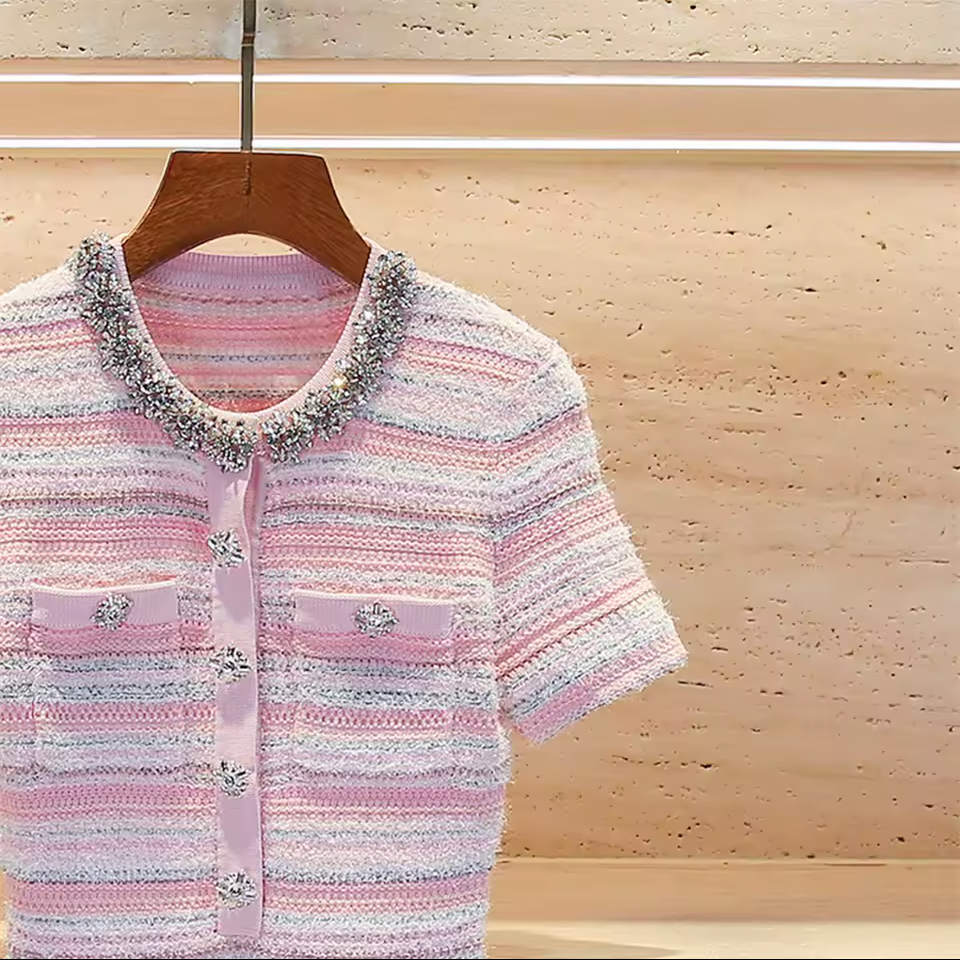 Pink Textured Striped Knit Mini Dress with Embellished Collar
