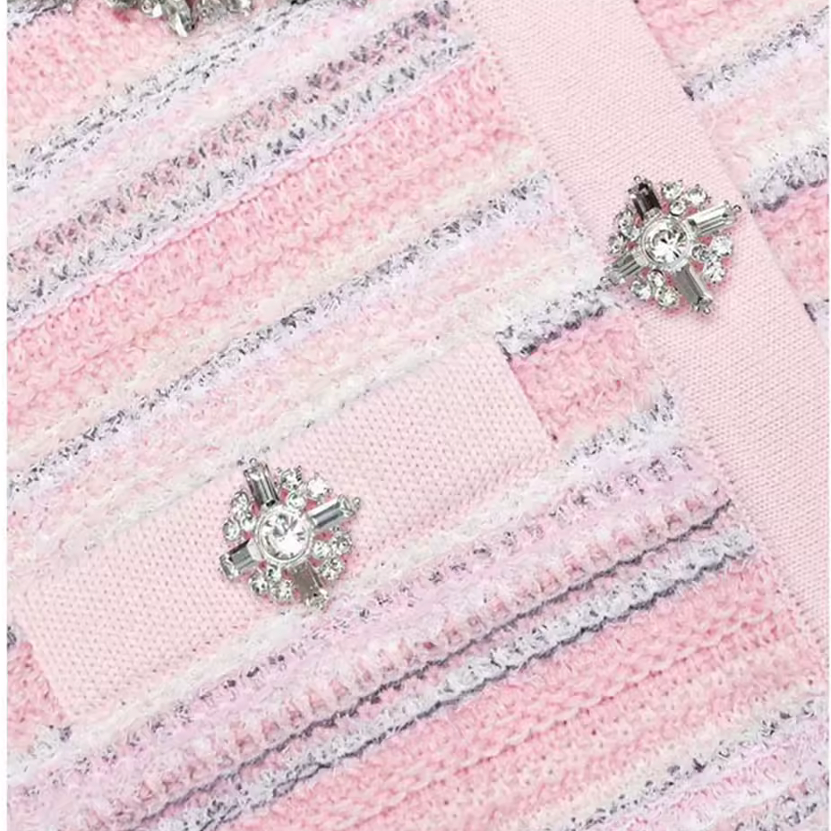 Pink Textured Striped Knit Mini Dress with Embellished Collar
