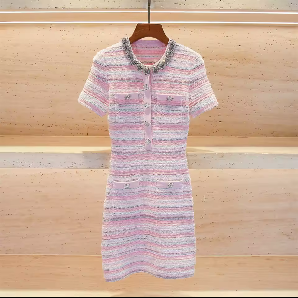 Pink Textured Striped Knit Mini Dress with Embellished Collar