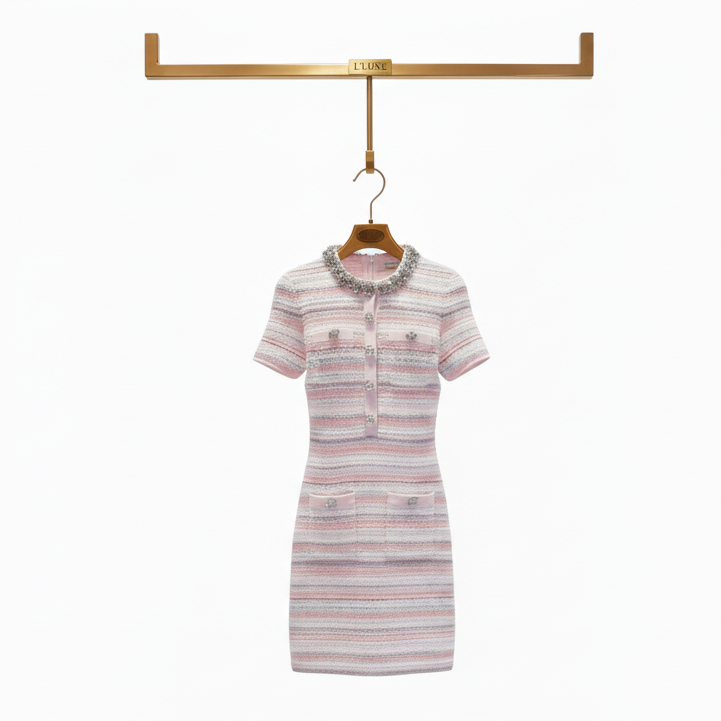 Pink Textured Striped Knit Mini Dress with Embellished Collar