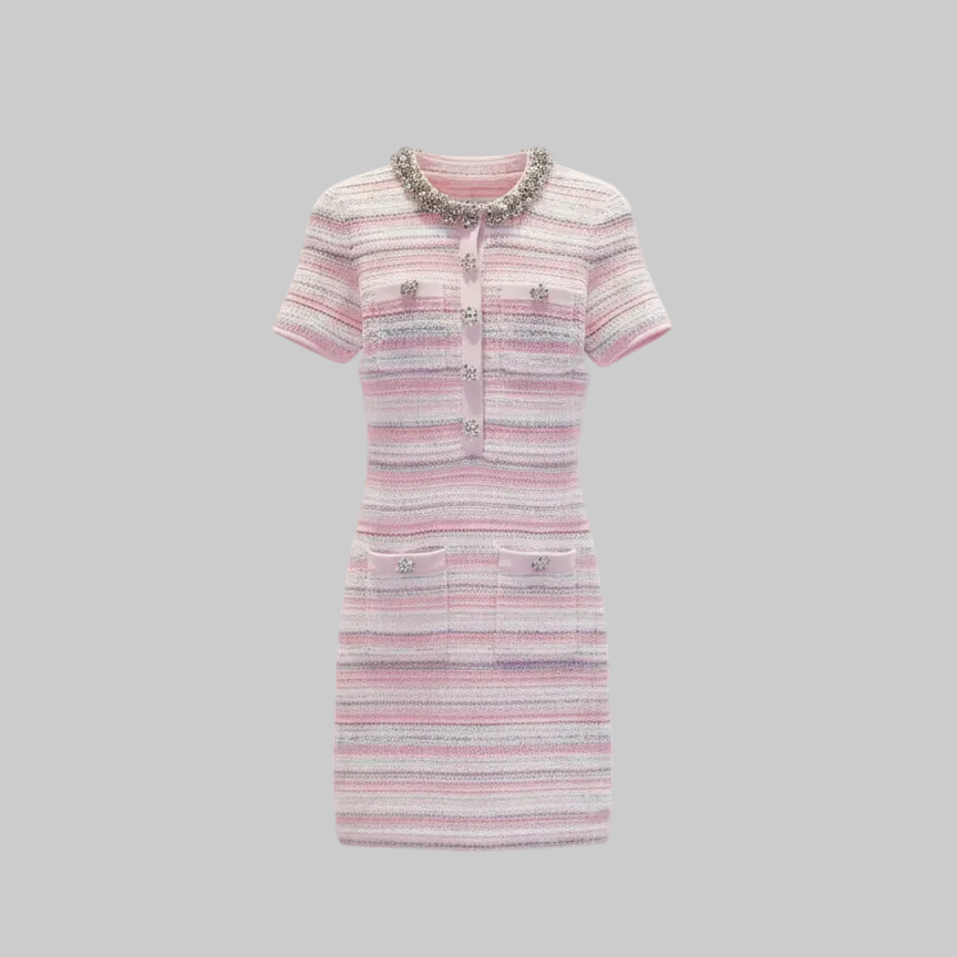 Pink Textured Striped Knit Mini Dress with Embellished Collar