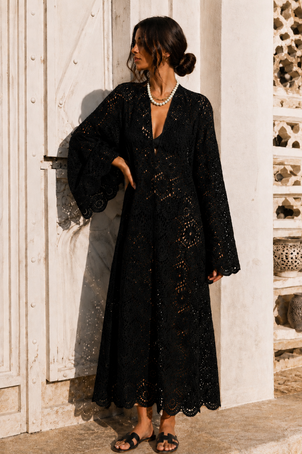 L’LUXE Lace Hollow Embroidered Long Sleeve Midi Dress