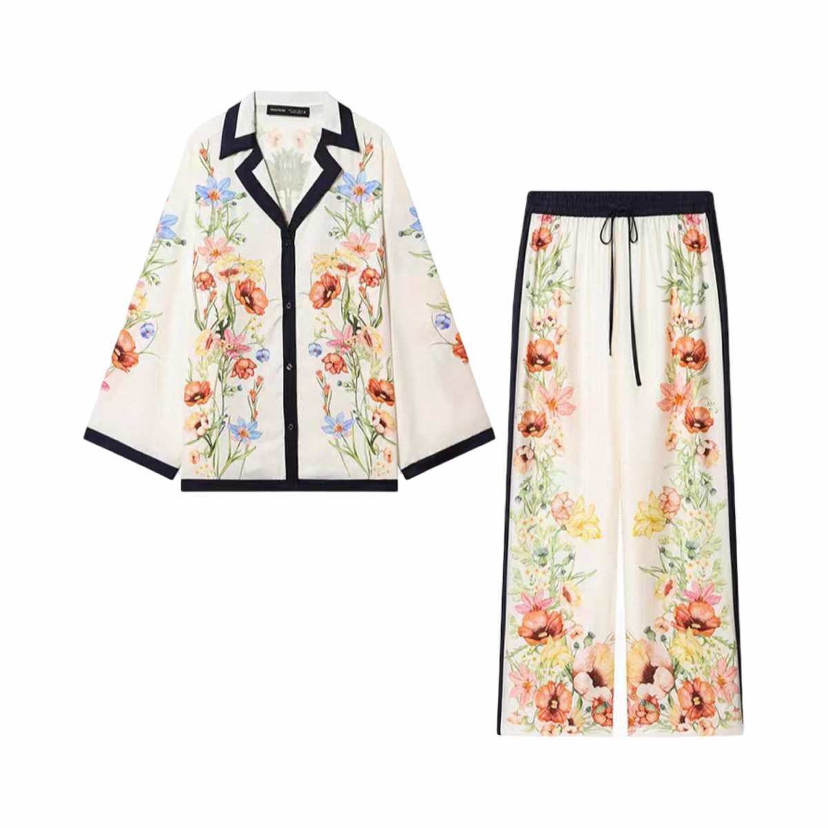 Botanical Floral Two-Piece Shirt & Wide-Leg Pant Set