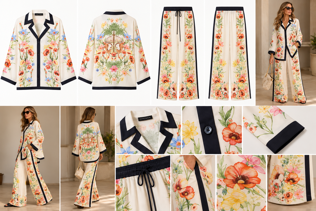 Botanical Floral Two-Piece Shirt & Wide-Leg Pant Set