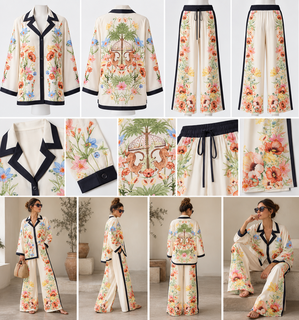 Botanical Floral Two-Piece Shirt & Wide-Leg Pant Set