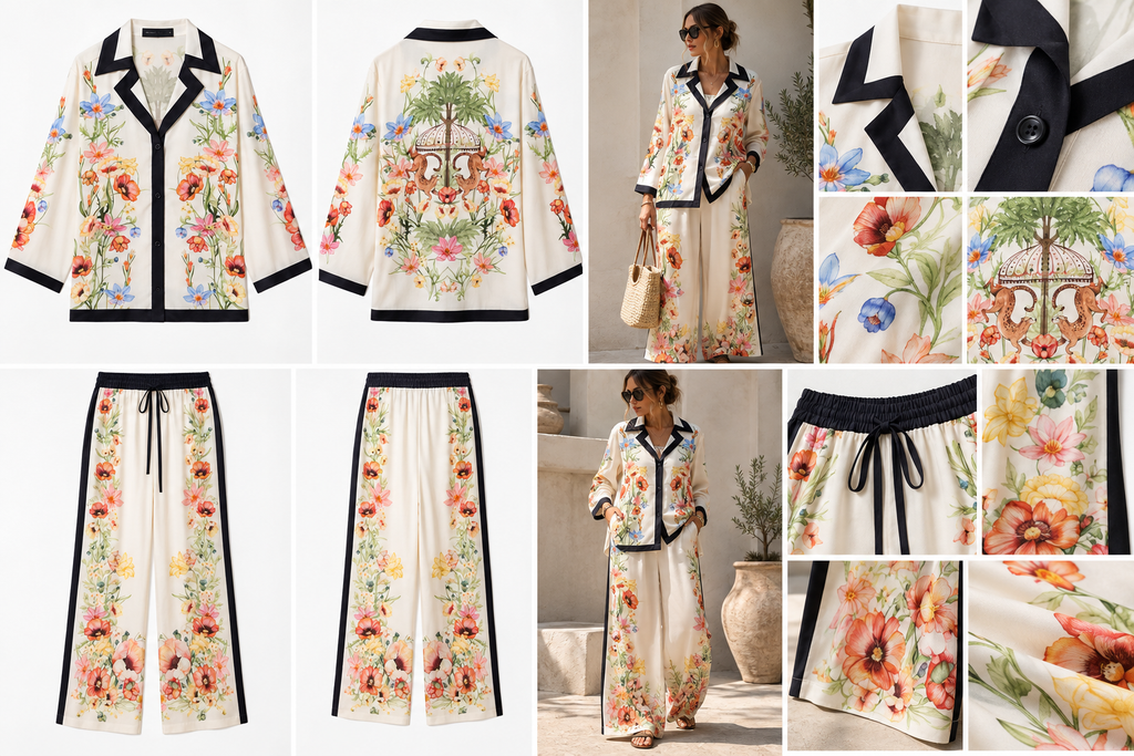 Botanical Floral Two-Piece Shirt & Wide-Leg Pant Set