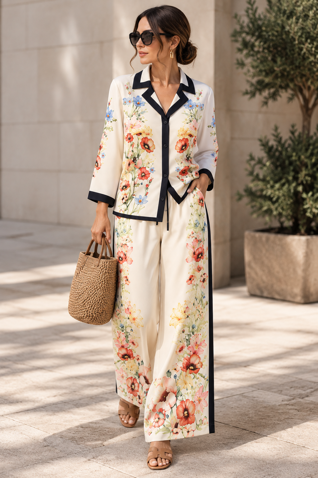 Botanical Floral Two-Piece Shirt & Wide-Leg Pant Set