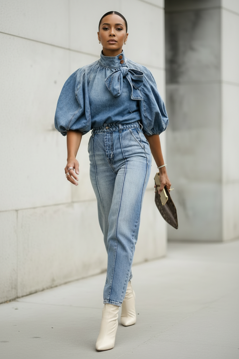 Lightweight Denim Bow-Tie Blouse
