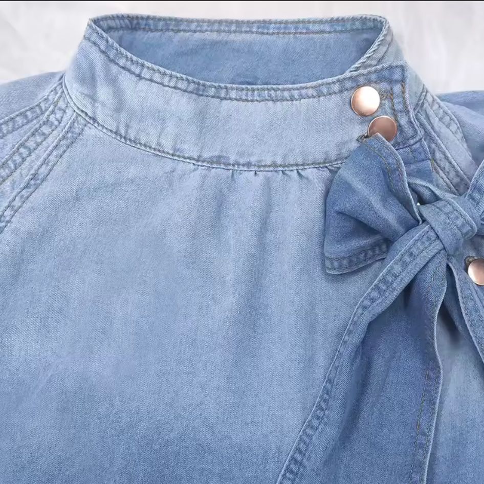 Lightweight Denim Bow-Tie Blouse