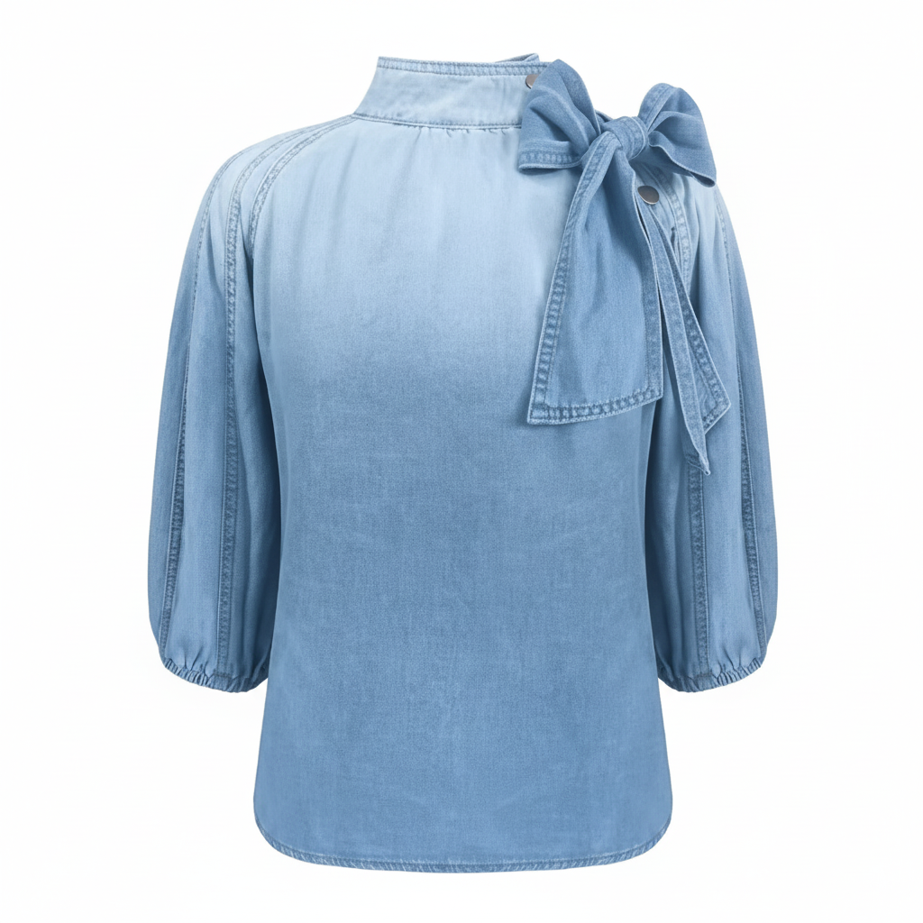 Lightweight Denim Bow-Tie Blouse