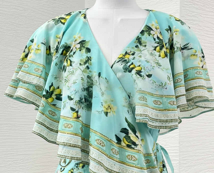 Green Floral 100% Silk Wrap Midi Dress