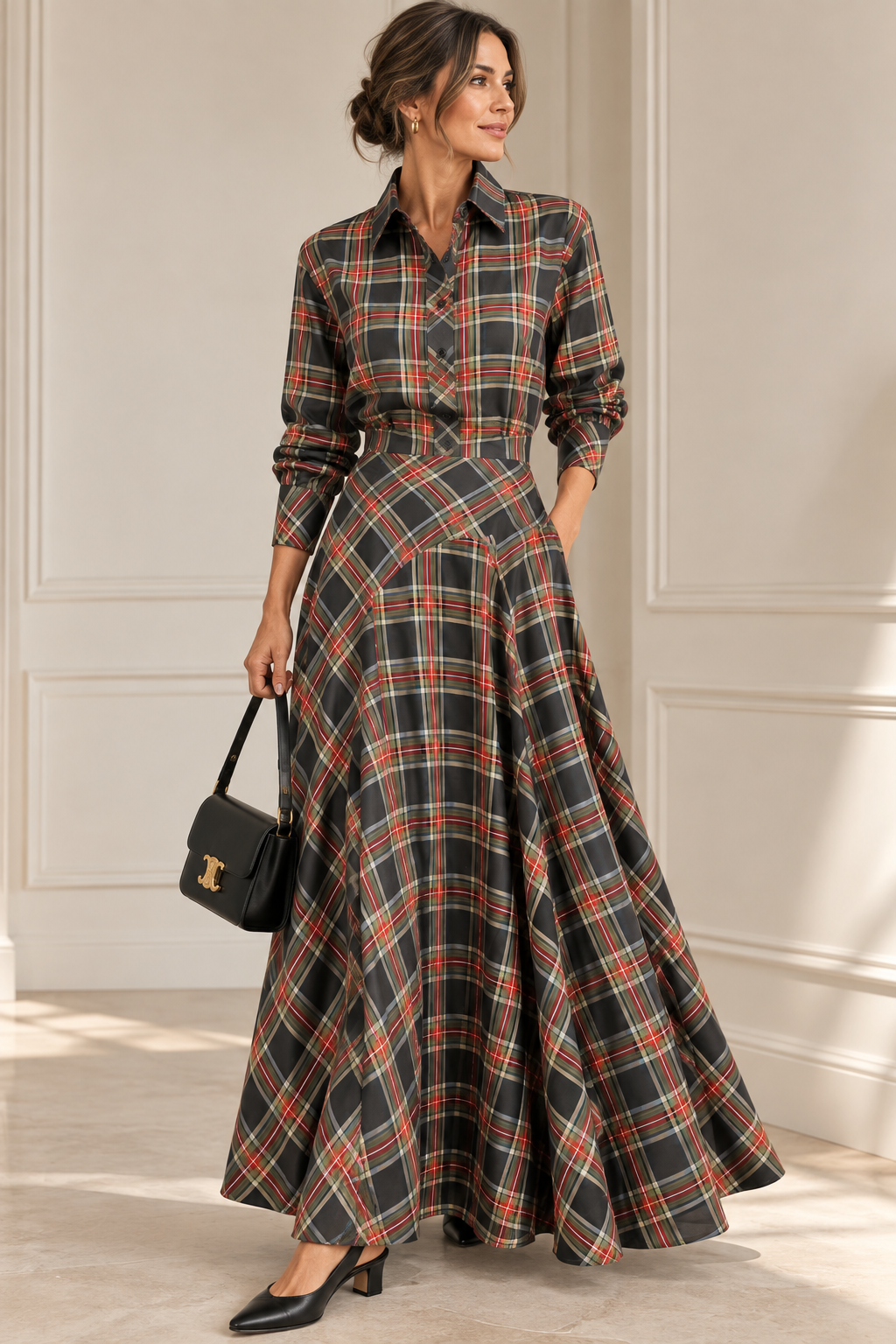 Plaid Button-Front Maxi Shirt Dress
