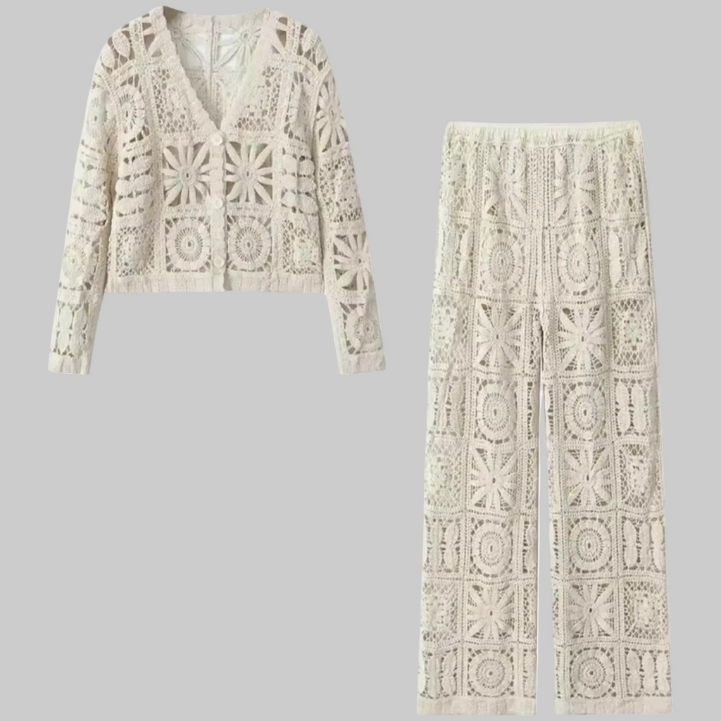 Openwork Crochet Knit Wide Leg Pants set